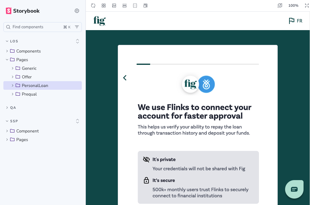 Storybook component library for Fig's LOS and SSP apps, showing organized folders for Components and Pages (Generic, Offer, PersonalLoan, Prequal) with a live PersonalLoan page preview including Flinks bank connection copy